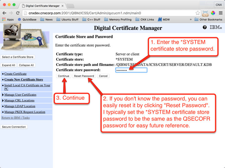 Figure 5: DCM - The *SYSTEM Certificate Store Password