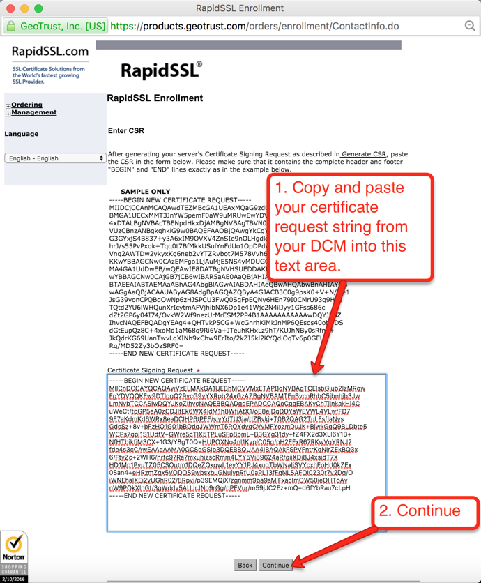 Figure 15: RapidSSL - Paste Certificate Request String