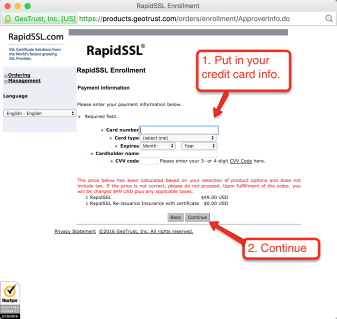Figure 18: RapidSSL - Payment Information